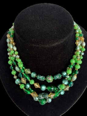 Vintage Japan 4 Strand Green Glass Bead Necklace Mid Century Foil Statement